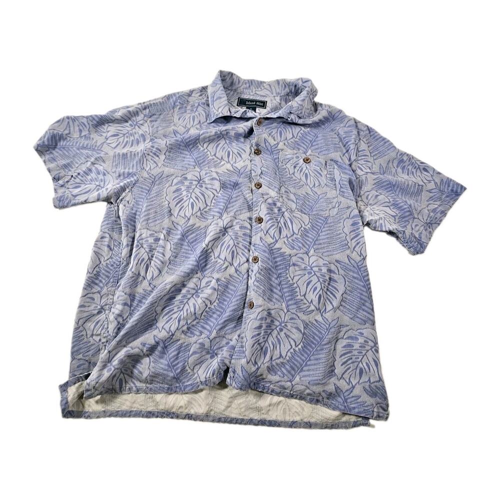 Island Mist Hawaiian Camp Shirt Men's XL Blue Leaf Floral 100% Silk Button Front